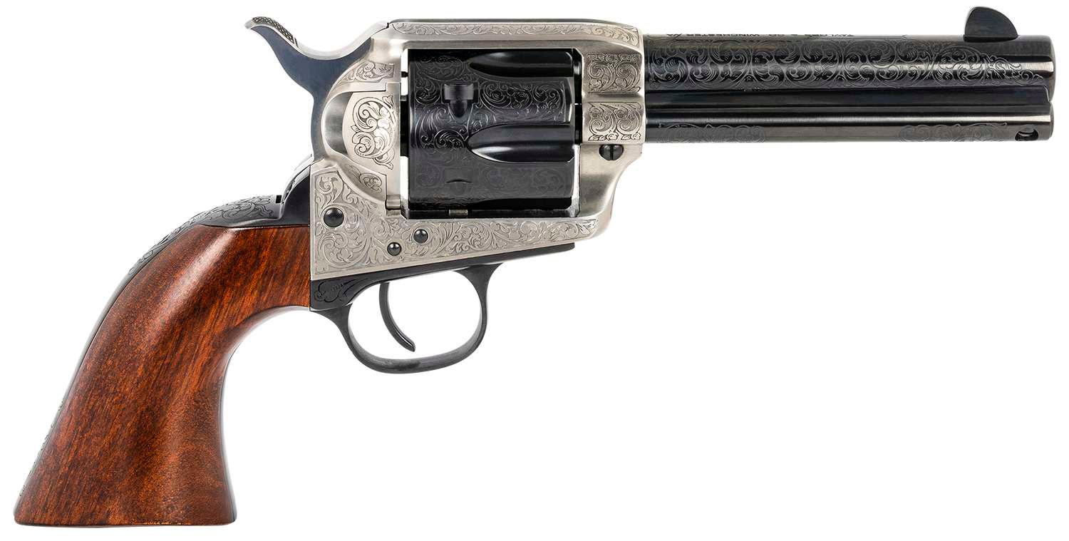 Taylors & Company 550924 1873 Cattleman 357 Mag Caliber with 4.75" Blued Floral Engraved Finish Barrel, 6rd Capacity Blued Finish Cylinder, Coin Photo Engraved Finish Steel Frame & Walnut Grip