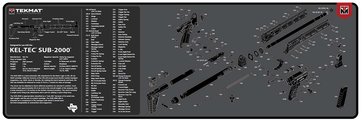 TekMat TEKR36KELSUB2 Kel-Tec SUB2000 Cleaning Mat Black/White Rubber 12"x36" Kel-Tec SUB2000 Parts Diagram
