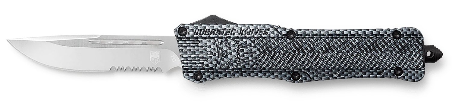 CobraTec Knives LCFCTK1LDS CTK-1 Large 3.75" OTF Drop Point Part Serrated D2 Steel Blade/ Carbon Fiber Aluminum Handle Features Glass Breaker Includes Pocket Clip