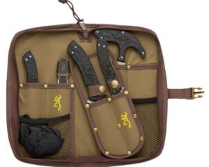 Browning 3220422B Primal Combo Fixed Bone Saw/Caper/Gut Tool/Sharpening Tool/Skinner 8Cr13MoV SS Blade, Black Polymer w/Rubber Overmold Handle, 6 Piece Set, Includes Case/Gloves