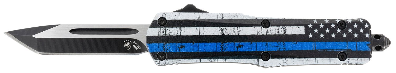 Templar Knife SBTB231 Gen II Back The Blue Small 2.69" OTF Tanto Plain Black Oxide Stonewashed 440C SS Blade, 4.31" Black & White w/Blue Line Aluminum Handle, Glass Breaker