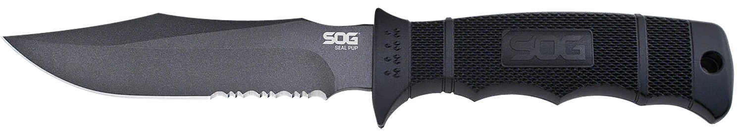 S.O.G SOGM37K Seal Pup 4.75" Fixed Clip Point Part Serrated Powder Coated AUS-8A SS Blade Black w/Raised Diamond Pattern GRN Handle Includes Sheath