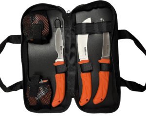AccuSharp 738C Processing Kit Fixed Butcher/Caping/Gutting Plain Stainless Steel Blades/Blaze Orange Non-Slip Grip 6 Piece Includes Nylon Case