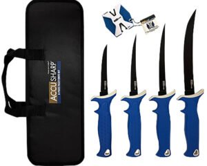 AccuSharp 737C Knife Kit 4.75/5.50/6.50/8" Fixed Fillet Plain Satin Stainless Steel Blade/ Blue Non-Slip Grip TPR Handle Includes 2-Step Sharpener