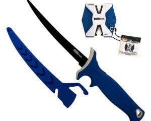 AccuSharp 736C Fillet w/Sharpener  6.50" Fixed Fillet Plain Satin Titanium Coated Stainless Steel Blade/Royal Blue Ergonomic Anti-Slip Rubber Handle Includes 2-Step Sharpener