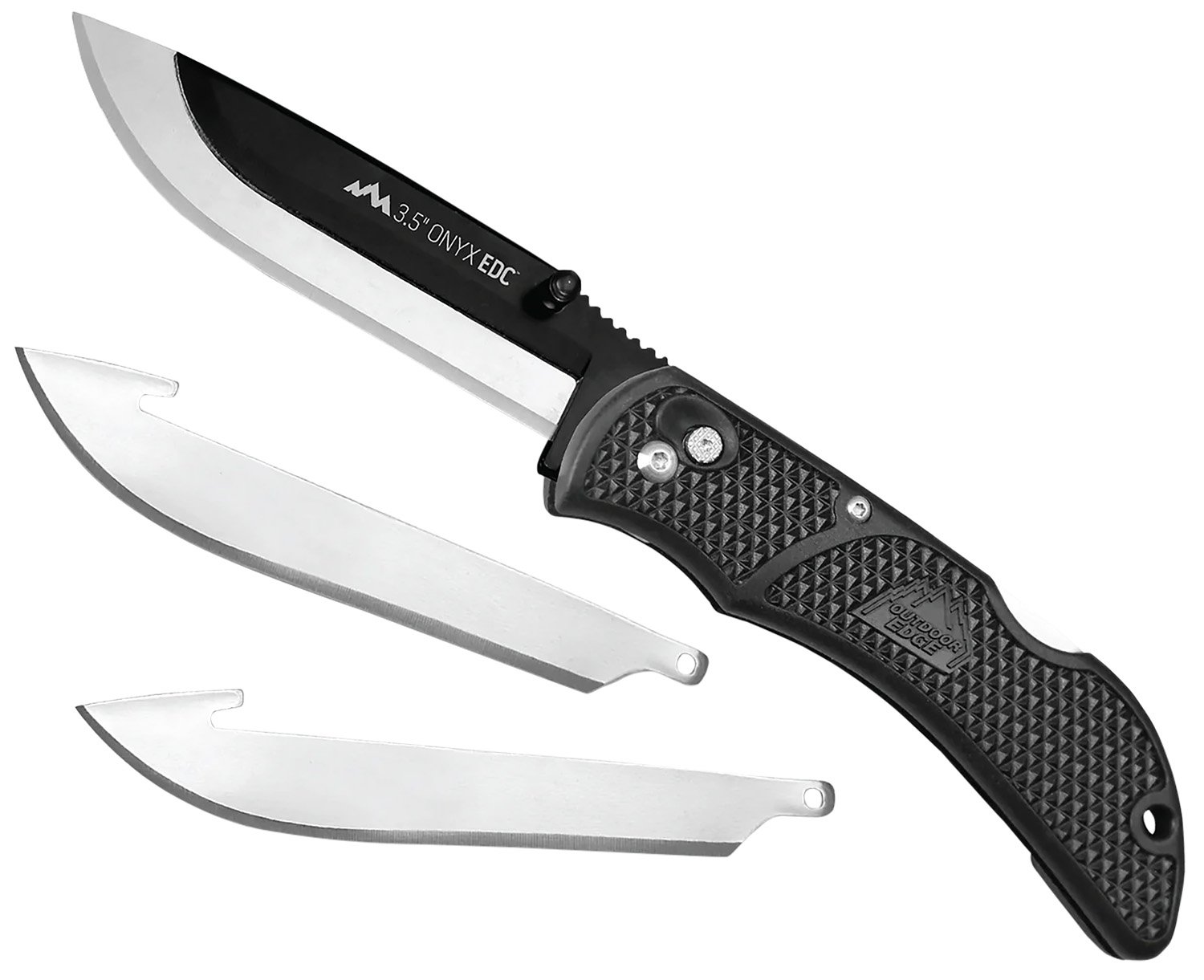 Outdoor Edge OX10C Onyx 3 Blades, 3.50" Folding Drop Point Plain Satin/Black Oxide 420J2 SS Blade, 4.50" Black Textured Grivory Handle