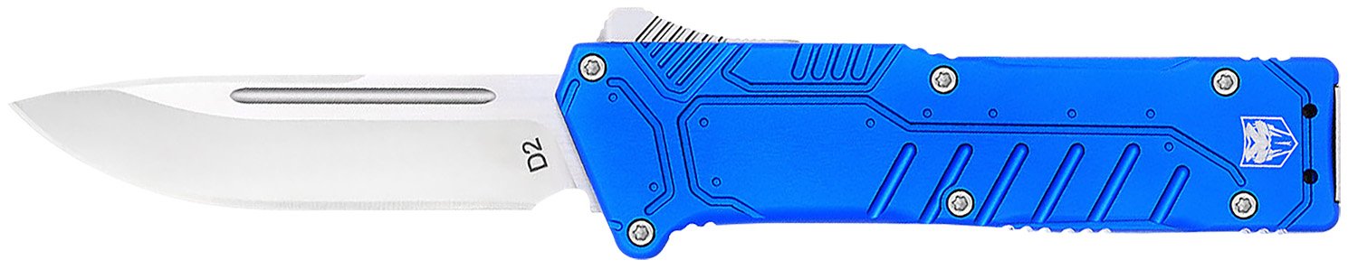 CobraTec Knives BLUSFDNS Special Forces 3.25" OTF Drop Point Plain Satin D2 Steel Blade, 4.75" Blue Textured Anodized Aluminum Handle