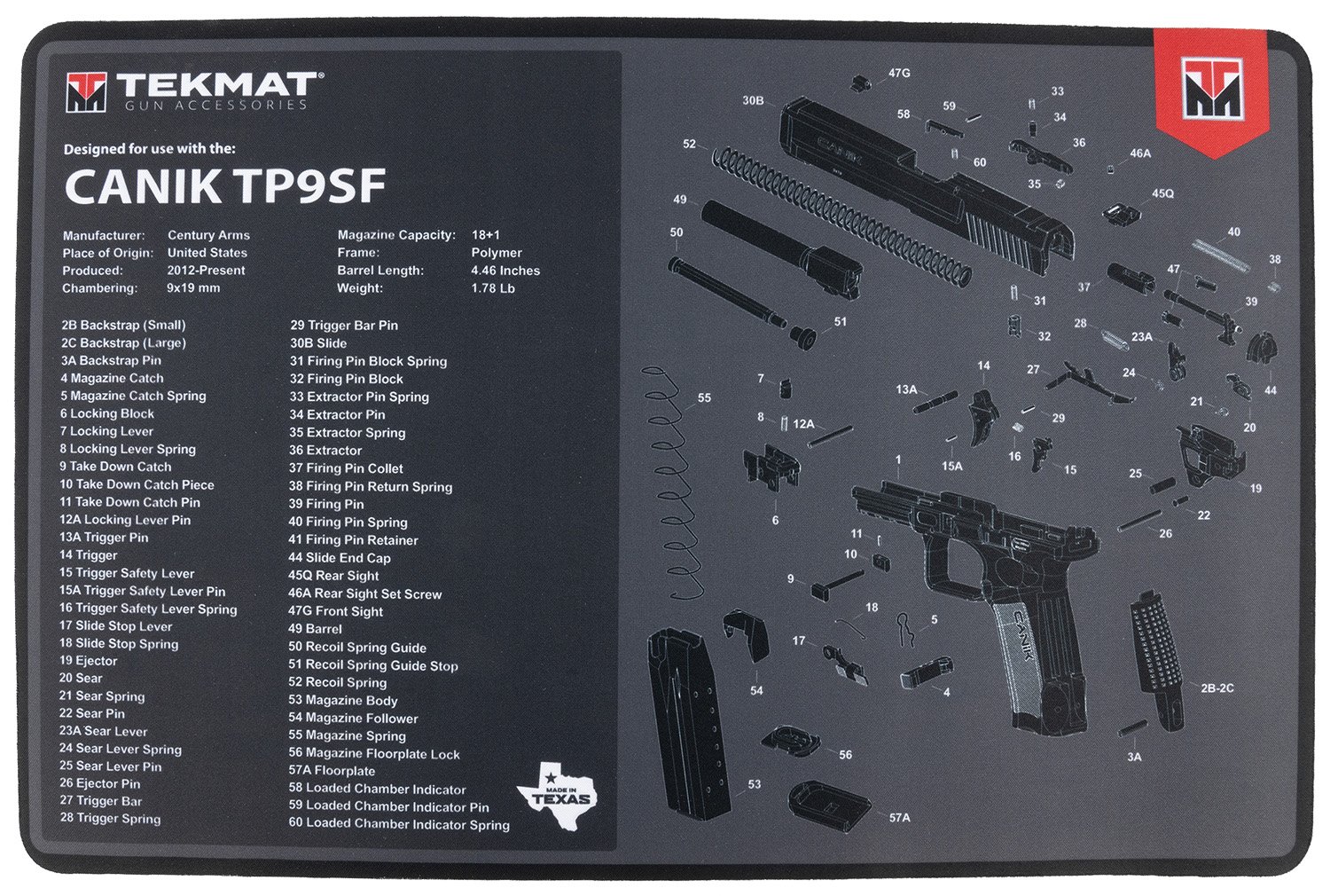 TekMat TEKR17CANIKTP9SF Cleaning Mat Black/Gray Rubber 11"x17" Canik TP9SF Diagram