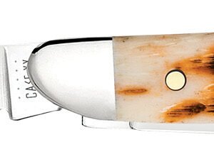 Case 00045 Peanut 2.10"/1.53" Folding Clip Point/Pen Plain Mirror Polished Tru-Sharp SS Blade, Peach Seed Jigged Amber Jigged Bone Handle