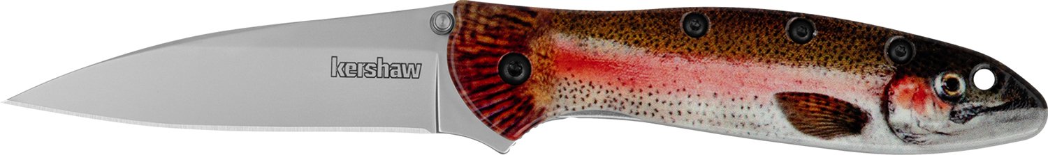 Kershaw 1660TROUT Leek Trout EDC 3" Folding Drop Point Plain Bead Blasted 14C28N Steel Blade, Rainbow Trout w/UFI Coating Aluminum Handle