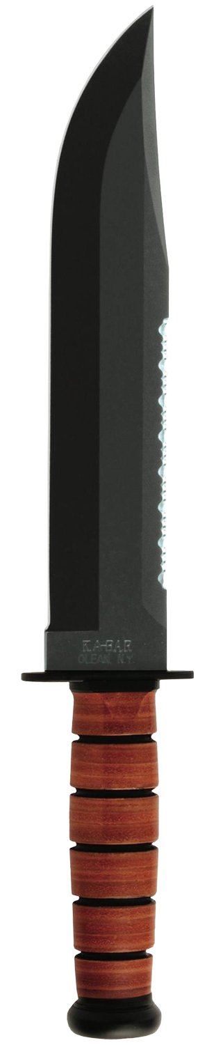 Ka-Bar 2217 Big Brother 9.38" Fixed Clip Point Part Serrated Black 1095 Cro-Van Blade, Brown Leather Handle, Includes Sheath
