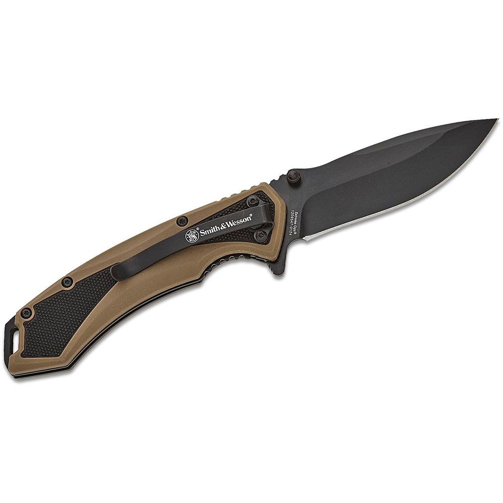 Smith & Wesson Extreme Ops Spring Assist Folding Knife 3-1/4" Drop Point Blade Black Tan Box
