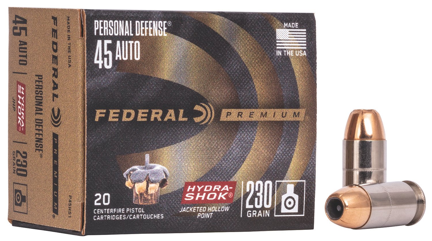 Federal P45HS1 Premium Personal Defense 45ACP 230gr Hydra-Shok Jacketed Hollow Point 20 Per Box/25 Case