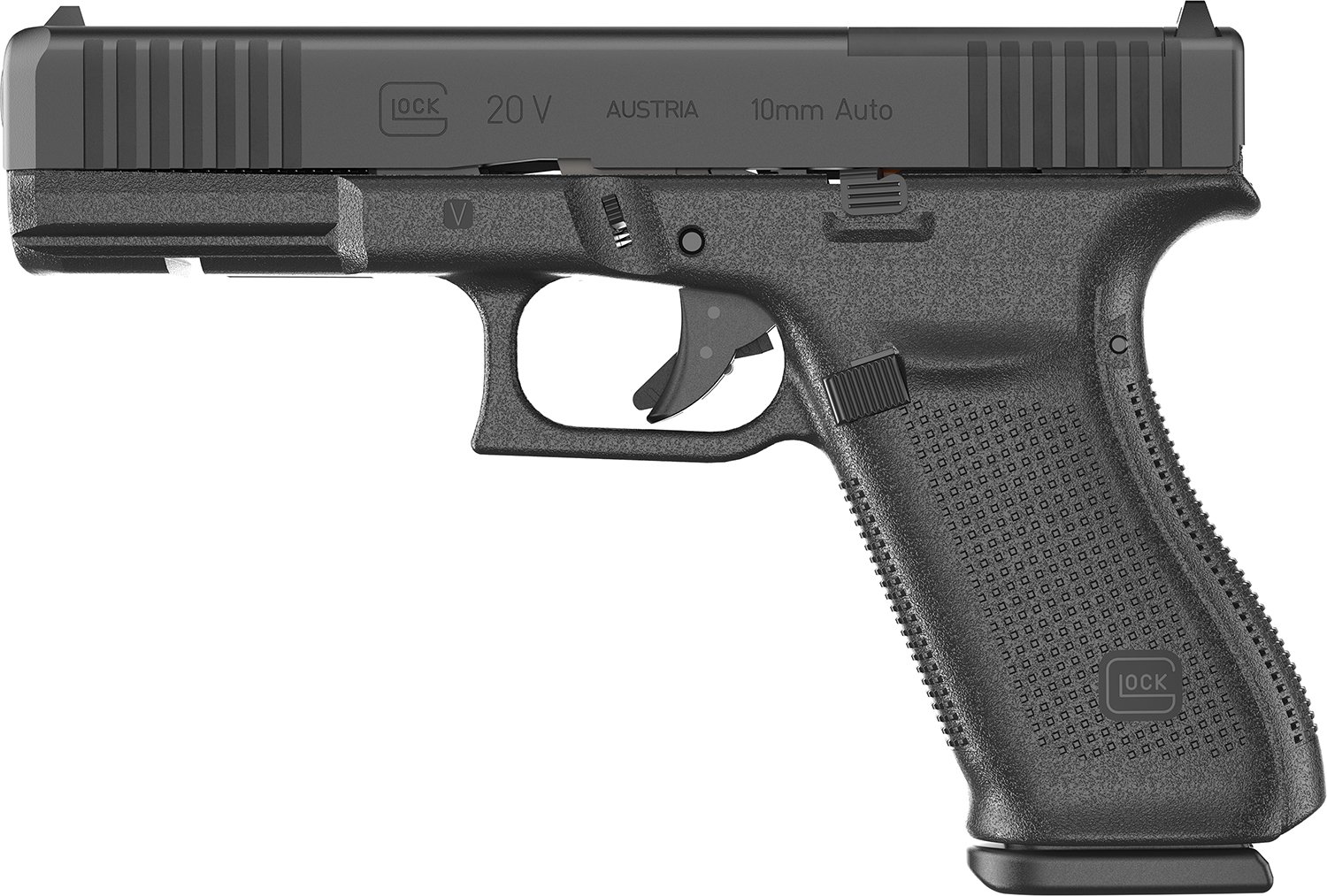 Glock UV2050203MOS G20 V MOS Standard 10mm Auto 15+1 4.61" Black Barrel, Black nDLC Steel Optic Ready/Serrated Slide, Black Polymer Frame w/Accessory Rail, Interchangeable Backstrap, Ambidextrous
